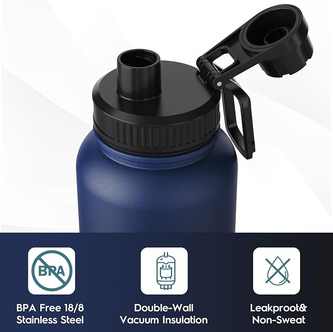 Navigate 32oz Insulated Water Bottle for Sports, Keep Cold 24H | 2-in-1 Spout and Handle Lids, Double Leak-Proof, 18/8 Stainless Steel, BPA-Free, Wide Mouth for Hiking,Blue to Black