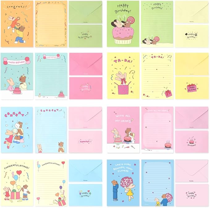 Monolike Happy and Lucky Birthday Letter Paper and Envelopes Set - 8Type, 32 Letter Paper + 16 Envelopes