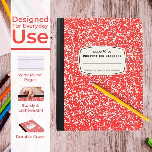 Paper Rite Assorted Marble Composition Notebook Wide Ruled (9.75x7.5 in), 100 Sheets | 200 Pages | For School, Office, Students, Teachers (4, Red)