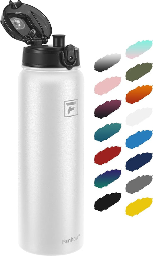 Fanhaw 40 oz Insulated Stainless Steel Water Bottle with Chug Lid, Leakproof & Sweat-Free Extra-Large Metal Bottle for Outdoor, Hiking & Gym (White)