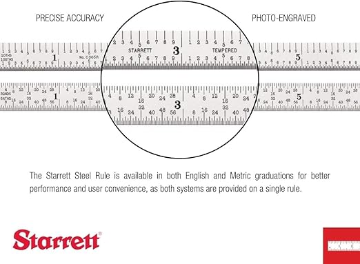 Starrett Spring Tempered Steel Rule with Satin Chrome Finish, Quick Reading and Millimeter Graduation - 1000mm Length, 35 Graduation Type, 1.2mm Thickness - C635-1000