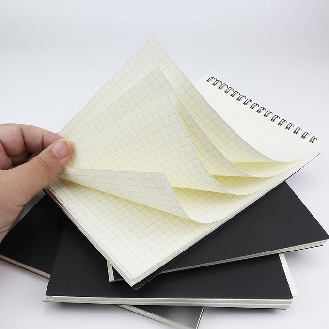 4 Pack Graph Paper Notebook, A5 Top Wirebound Grid Spiral Notebook 5.8" x 8.3",60 Sheets,5mm x 5mm Grid Paper,Grid Notepad for Students, Math, Engineering (Black)