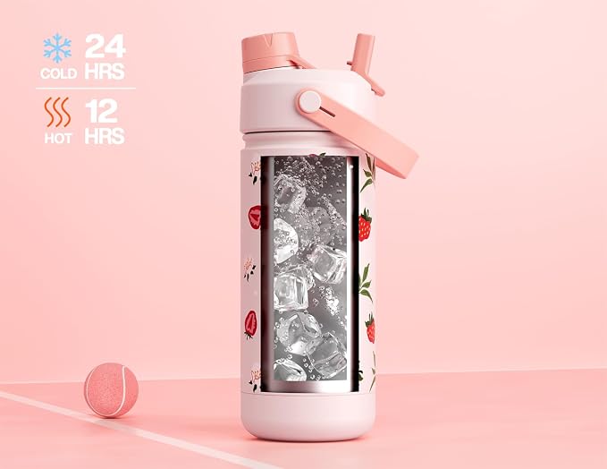 18 oz Kids Water Bottle: UV-Activated, Leakproof, 2-in-1 Straw Spout Lid, BPA-Free, Easy Carry, Keep Cold 24H, Insulated Stainless Steel Cup for Sports, Camping, Gift, Home (Sun-Kissed Strawberry)