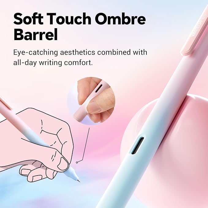 Writech Retractable Gel Ink Pens: 8ct Black Ink 0.5mm Fine Point Tip Pen Comfort Grip Smooth Writing with Aesthetic Gradient Color Barrel for Journaling Note Taking Sketching No Bleed & Smear