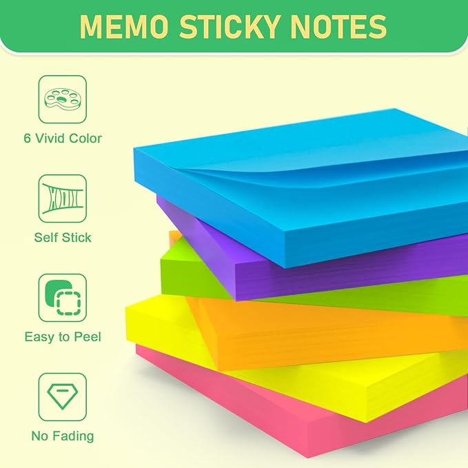 (24 Pads) Sticky Notes 3x3 Inch, 75 Sheets/Pad - Colorful Self-Stick Memo Pads, Thick Paper, Smooth Writing, Easy to Stick & Remove for Office, School & Home