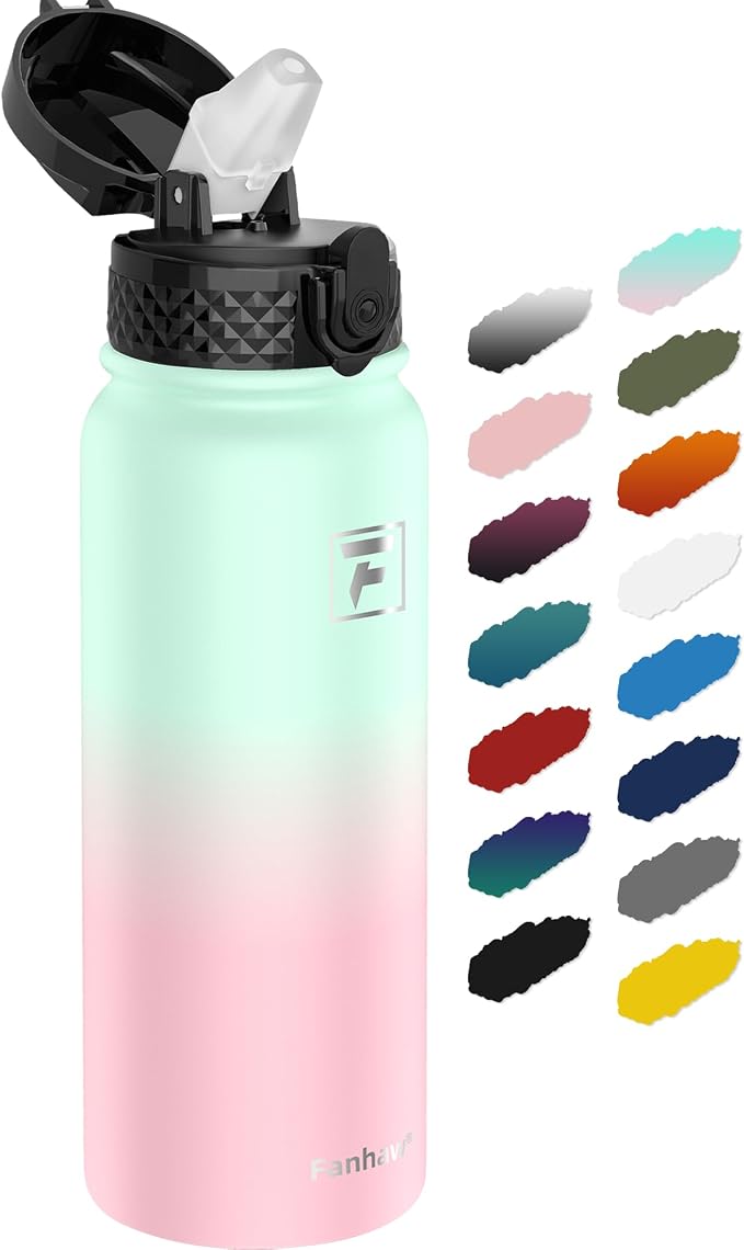 Fanhaw 20 Oz Kids Insulated Stainless Steel Water Bottle with Straw Lid, Leakproof & Anti-Dust Everyday Use Bottle for School, Women & Men, Back to School Essentials (Green Pink)