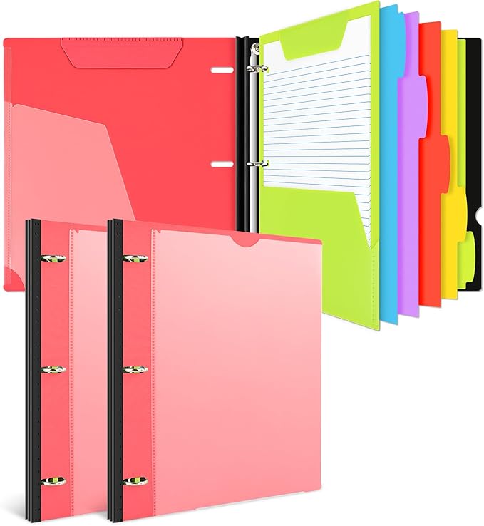 INFUN All-in-one Telescoping Binder Notebook- 2PCS, 3 Ring Notebook Binder with 1 Plastic Movable Pocket Folder,5 Plastic Subject dividers and Graph Paper and College Ruled Paper - Red