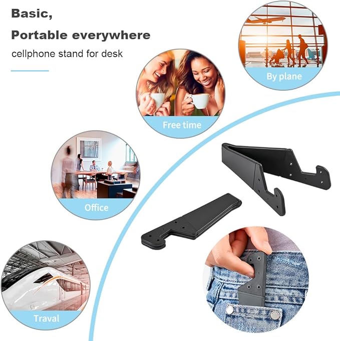 3 Pack Portable Cell Phone Stand for Desk, 【Upgraded Material】 Universal Pocket-Sized Foldable Small Mobile Phone Holder, V Smartphone Kickstand Mount Compatible with iPhone IPads Kindle Android-Black
