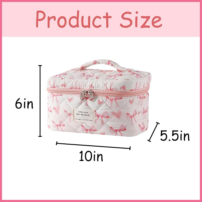 uekeboag Large Travel Quilted Makeup Bag for Women | Soft Floral Cotton Cosmetic Bag, Foldable Coquette Aesthetic Toiletry Organizer