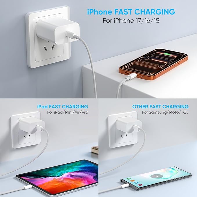 iPhone 17 16 15 Charger Fast Charging 6FT+10FT Cable, 20W USB C Charger, USBC Wall Charger for i Phone 17 Air 16 16e/16 Pro/16 Pro Max/15/15 Plus/15 Pro/15 Pro Max,i Phone iPad Pro/Mini (White)