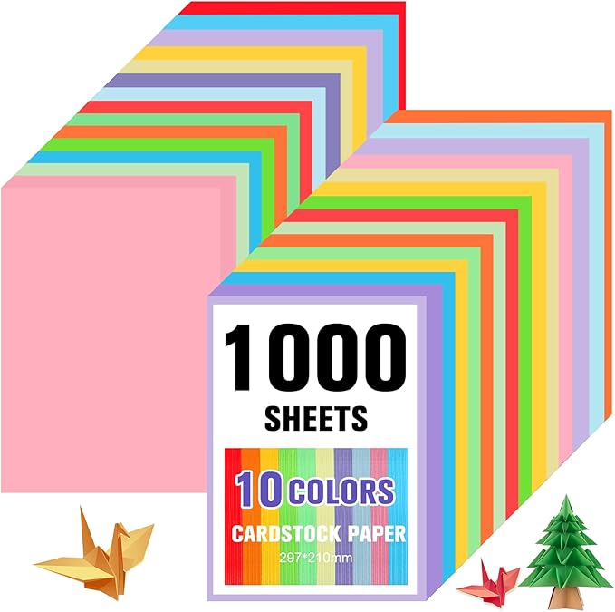 Sherr 1000 Sheets Construction Paper Colored Cardstock A4 9 x 12 10 Assorted Colors Card Stock Heavyweight Printer Paper for DIY Craft Party Supplies Decoration(Rainbow Color)
