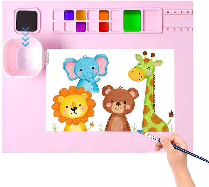 AWOKE Silicone Painting Mat | 20"x16" No-Spill Art Matt for Resin DIY, Beading, with Magnetic Water Cup, 12 Paint Wells & Palettes | Washable Table Protector for Toddlers & Kids Gift (Pink)