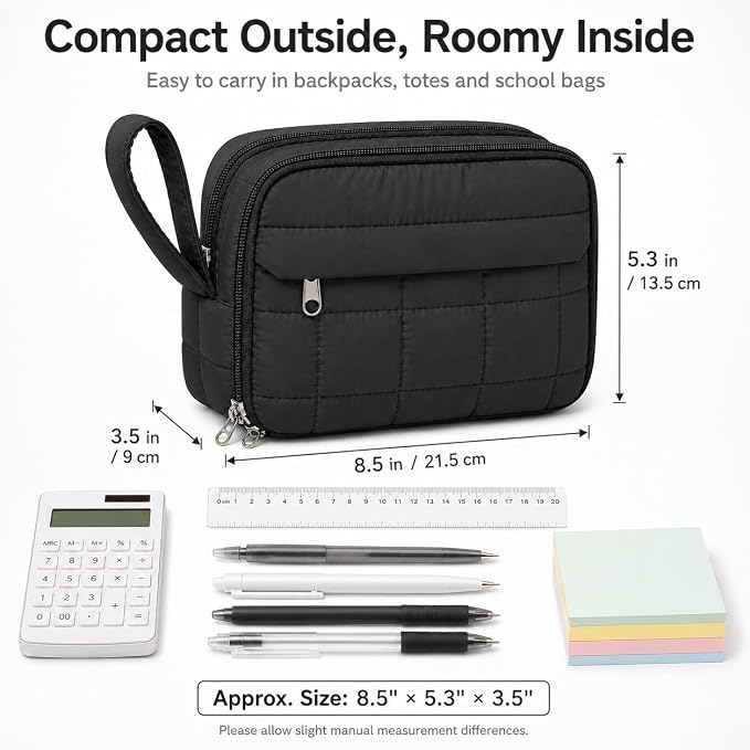 Puffer Quilted Pencil Pouch for Women, Large Capacity Organizer Bag with Multiple Compartments, Cute Aesthetic Pencil Case for Office, Travel & Daily Essentials (black)