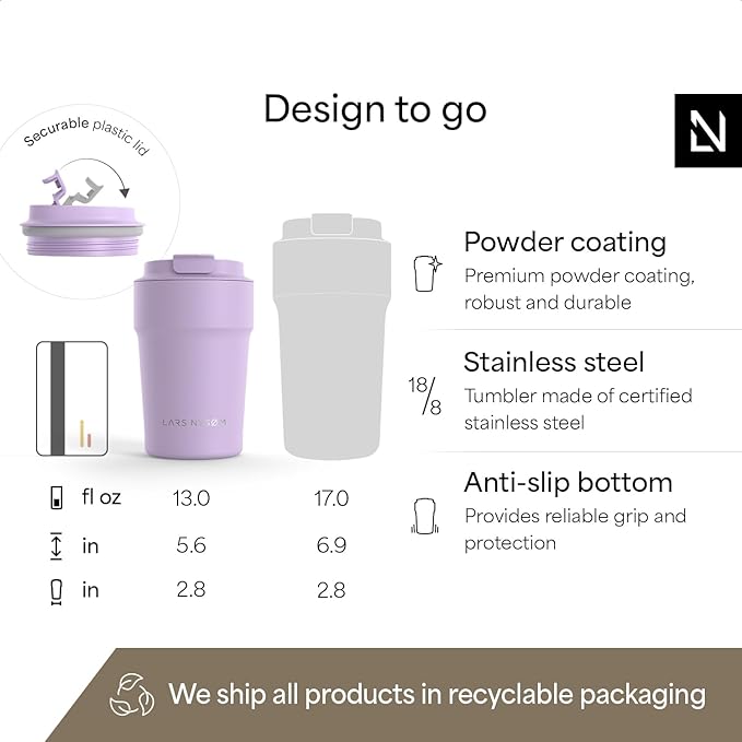 LARS NYSØM Thermo Coffee Mug to go 13oz | Travel Mug 0.38 Liter with Insulation | Silicone grip base | Leak Proof Stainless Steel Tumbler for Coffee and Tea on the Go (Powder Purple, 13oz)