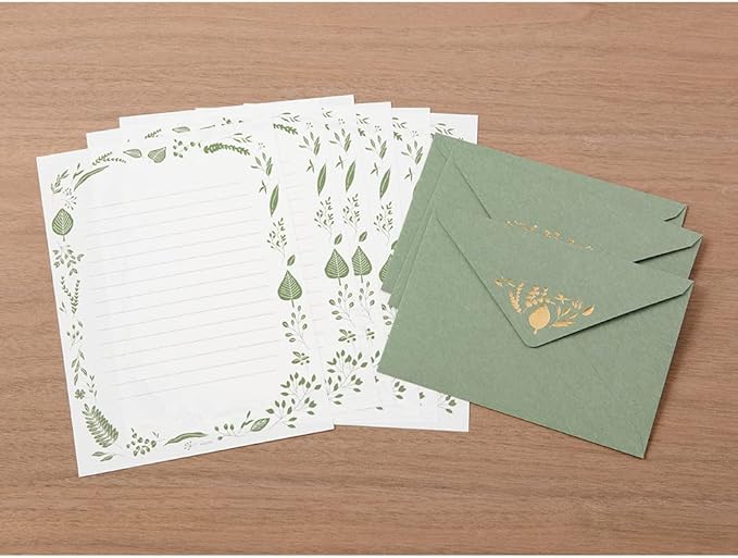 Midori 86507006 Letter Set Foil Stamped Envelopes, Leaf Pattern