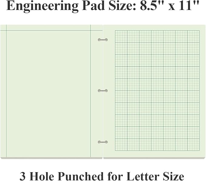 Yaridar Engineering Notebooks - 50 Sheets/100 Pages Graph Paper, 5 x 5 Graph Rule on Back, 3-Hole Engineering Computation Pad, 100 Gsm Green Tint Paper, 8-1/2" x 11"