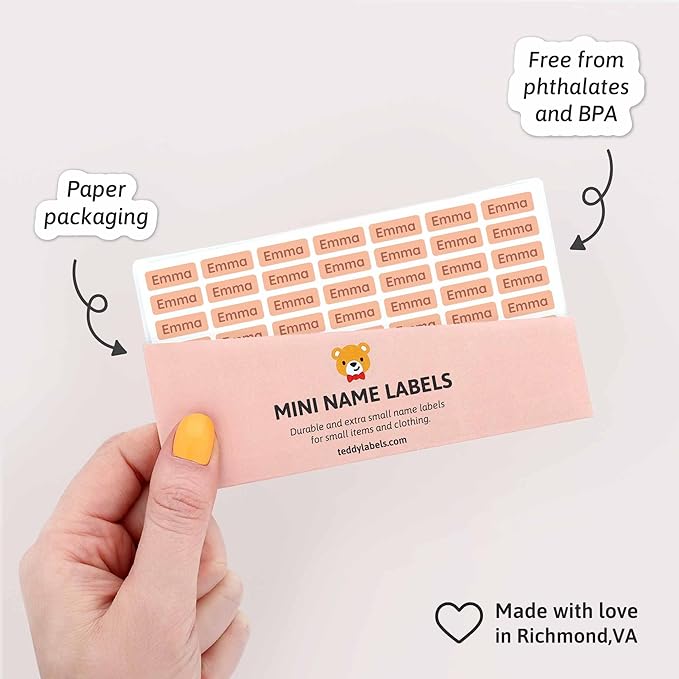 Mini Name Labels (175) - Custom Personalized Name Labels for Labeling Tiny Items, Washer and Dryer-Safe Waterproof Labels for Daycare, Preschool, and School - Peach