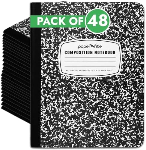 Paper Rite Marble Composition Notebook, 48 Pack, Black