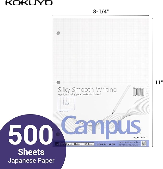 KOKUYO 5x5 Graph Paper, 8.25x11 Inches, 500 Sheets Loose Leaf Paper, Smooth Writing Surface, Bleed Resistant Filler Paper for Math, Engineering, Art Projects. Japan Import (WSG-NO-887G2x5)