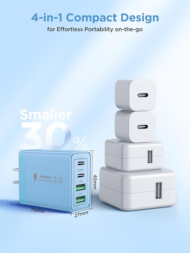 USB C Charger Block, 40W 4-Port Type C Fast Charging Cube Dual Charger Block PD Power Charger Adapter+QC 3.0 USB Multi Port Charging Brick for iPhone 16/15/14/13/12 Pro Max, iPad, Galaxy S24/23