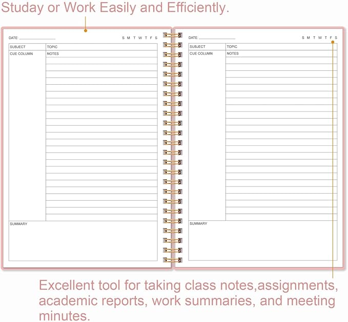 Yaridar A5 Cornell Notes Notebook - College Spiral Cornell Notebooks for Note Taking, Subject College Ruled Notebook Steno Pads for Office/School/Home, 5.8" x 8.5", Pink