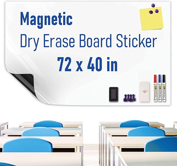 Large Magnetic Whiteboard Sticker Dry Erase Board for Wall - Adhesive Backing & No Ghosting 72" x 40" Dry Erase Board for Classroom Office Home Include Starter Kit