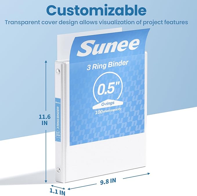 SUNEE White Binders 1/2 Inch 36 Pack Bulk, Clear View 3 Ring Binders PVC-Free (Fit 8.5x11 Inches) for School or Office Supplies