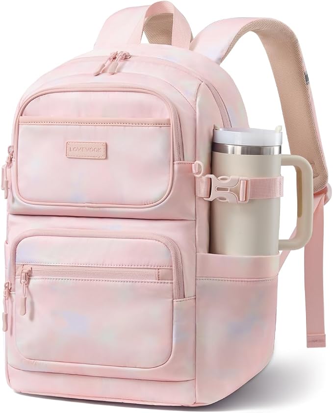 LOVEVOOK School Backpack for Teen Girls & College Students, Large Capacity Laptop Backpack with Water Bottle Holder, Lightweight Bookbag for School, Travel & Everyday Use, Pink Tie-Dye