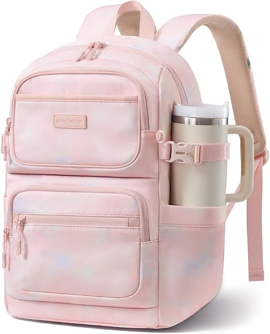LOVEVOOK School Backpack for Teen Girls & College Students, Large Capacity Laptop Backpack with Water Bottle Holder, Lightweight Bookbag for School, Travel & Everyday Use, Pink Tie-Dye