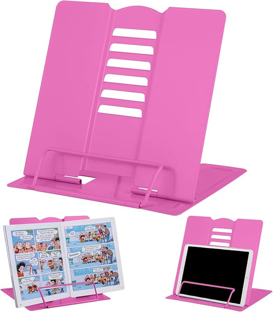 MSDADA Desk Book Stand Metal Reading Rest Book Holder Adjustable Cookbook Documents Holder Bookstands for Recipes Textbooks Tablet Music Books Birthday Gifts for Teachers, Boys and Girls (Rose Red)