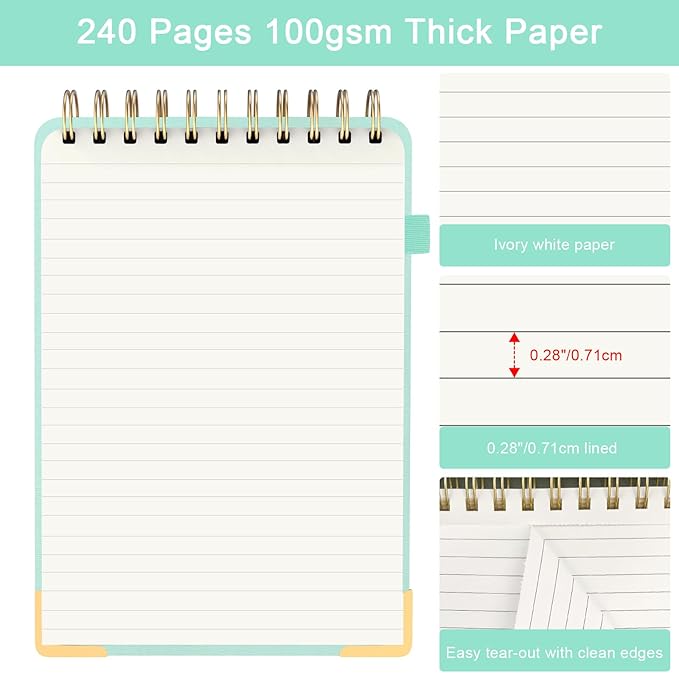Aesthetic Top Spiral Notebook, A5 Linen Hardcover Top Bound Steno Pads, 240 Pages 100gsm Thick Lined Paper Left Handed Notebook Journal for Work, School, Church Writing - Green, 5.9" x 8.5"