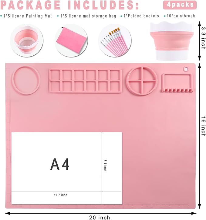 DIYDEC Silicone Craft Mat with Detachable Cup 20X16 Inch Large Silicone Painting Mat for Kids Art Supplies with 10 Painting Brushes Drawing Sheets for Adult DIY Accessories (Pink)