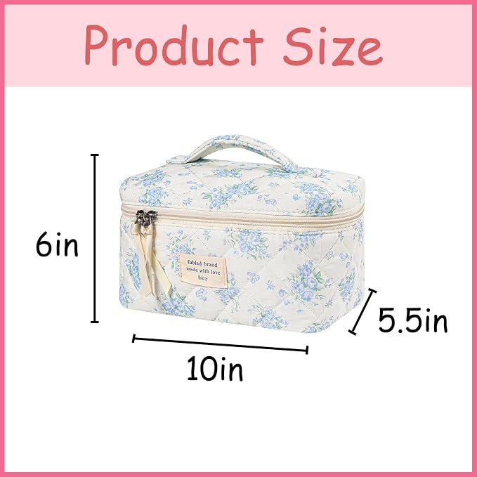 uekeboag Large Travel Quilted Makeup Bag for Women | Soft Floral Cotton Cosmetic Bag, Foldable Coquette Aesthetic Toiletry Organizer