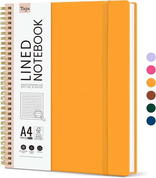 Taja Spiral Lined Notebook, 8.5"x11" Notebooks for Work, Large A4 Journal for Women & Men, College Ruled Journaling Notebook for Writing, Plastic Cover Spiral Journal, Yellow