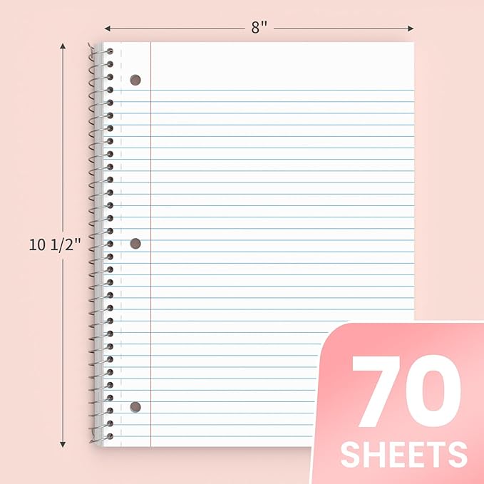Oucaru Spiral Notebook College Ruled, 3 Pack, 1 Subject, 70 Sheets 8-1/2" x 10", 3 Hole Punched, Lined Journaling Notebooks, for Writing, Home & Office, School Supplies
