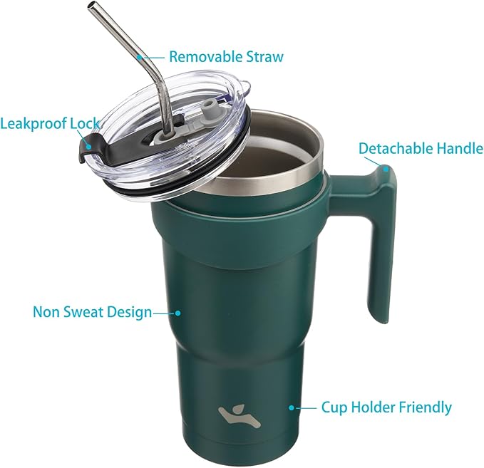 Konokyo 20 oz Tumbler with Handle and 2 Straw 2 Lid, Insulated Water Bottle Stainless Steel Vacuum Cup Reusable Travel Mug,Army Green