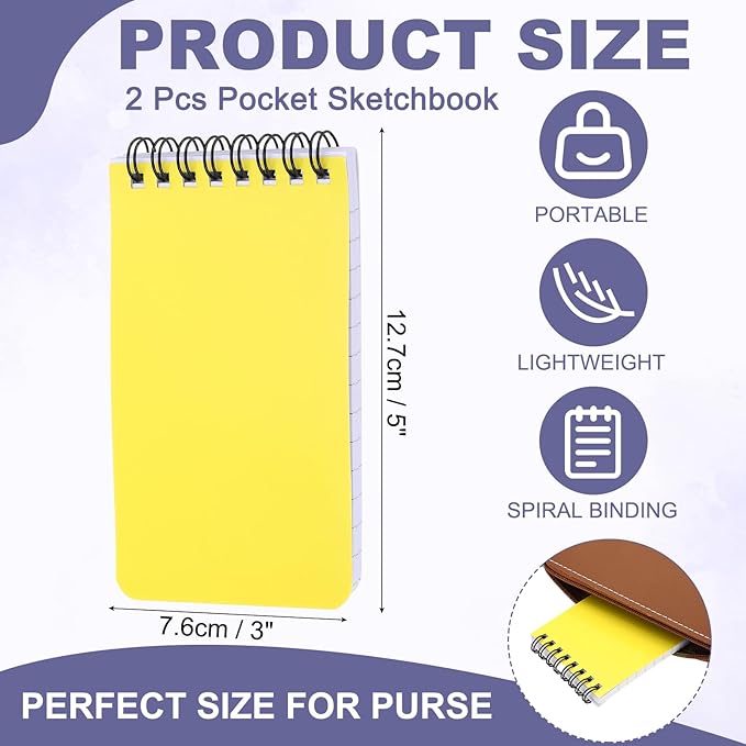 PATIKIL 3x5" Pocket Sketchbook, 2 Pcs Top Spiral Notebook Mini Lined Notebook Memo Pads 80GSM 60 Sheets/120 Pages Hard Cover Portable for Office Outdoor Travel Journal Draw, Yellow