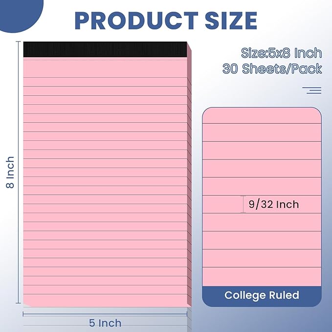 6 Pack Notepads 5x8, Small Legal Pads Narrow College Ruled, 30 Sheets/Pack, Perforated Notebook - Colored Note Pads for School, Memo, Note Taking, Teacher & Office Supplies, Writing Pads of Paper