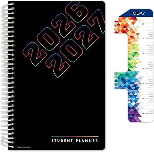Global Datebooks 2026-2027 Middle & High School Student Planner 5.5" x 8.5" - Dated Weekly & Monthly Academic Planner with Ruler/Bookmark & Stickers, Ideal for Homework, Block Style, Neon Numbers
