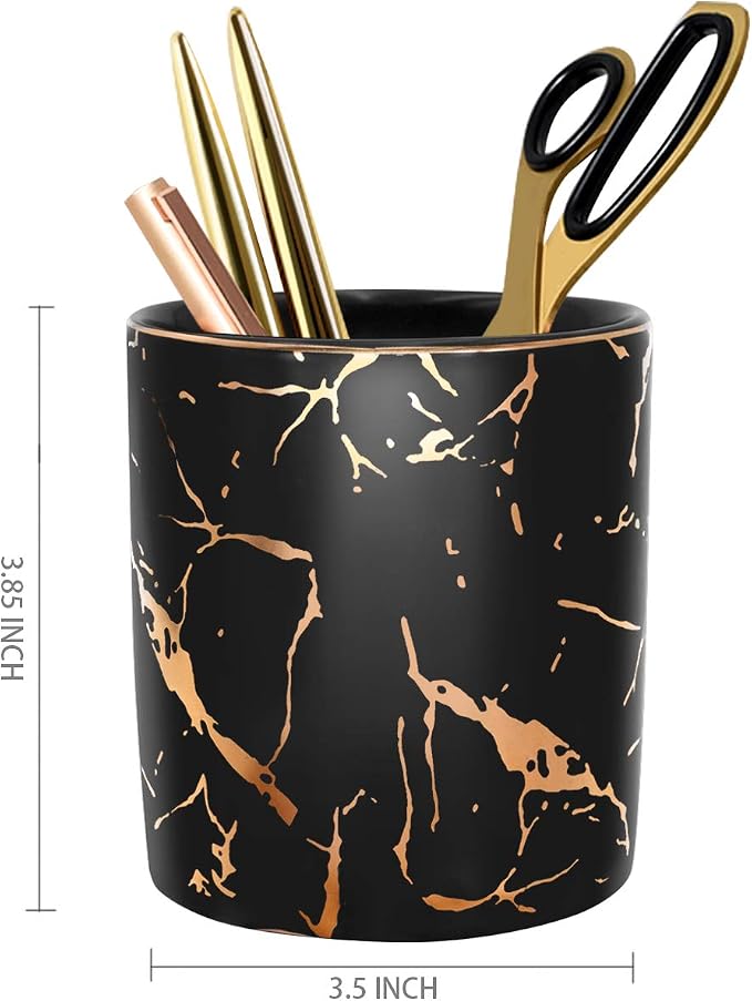 Pencil Cup, Pen Holder for Desk, Pen Pencil Stand Holder for Desk, WAVEYU Office Desk Organizer for Girls Women Kids Ceramic Glitter Marble Makeup Brush Holder, Black (Upgrade Style)