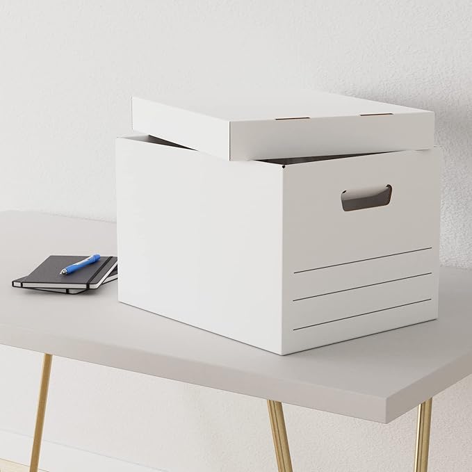Amazon Basics Medium Duty Storage/Filing Boxes with Lid and Handles, Legal/Letter Size, Collapsible, Foldable, Tape-Free Assembly, 16.2" L x 12.5" W x 10.5" H, White, 12-Pack