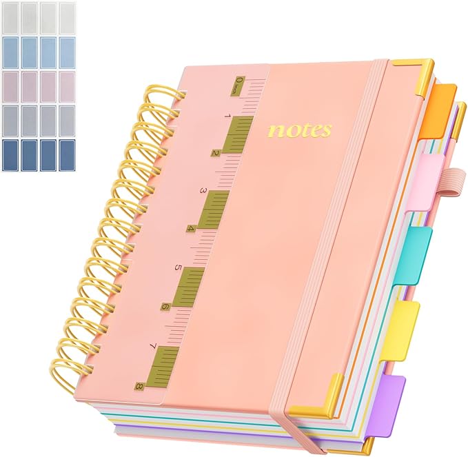 XYark A5 Hardcover Spiral Notebook, 6.3"x8.5" College Ruled Notebooks with Removable Dividers Tabs & Ruler, 5 Subject Notebook 300 Pages, Small Lined Journal for Women School Work Office, Light Pink