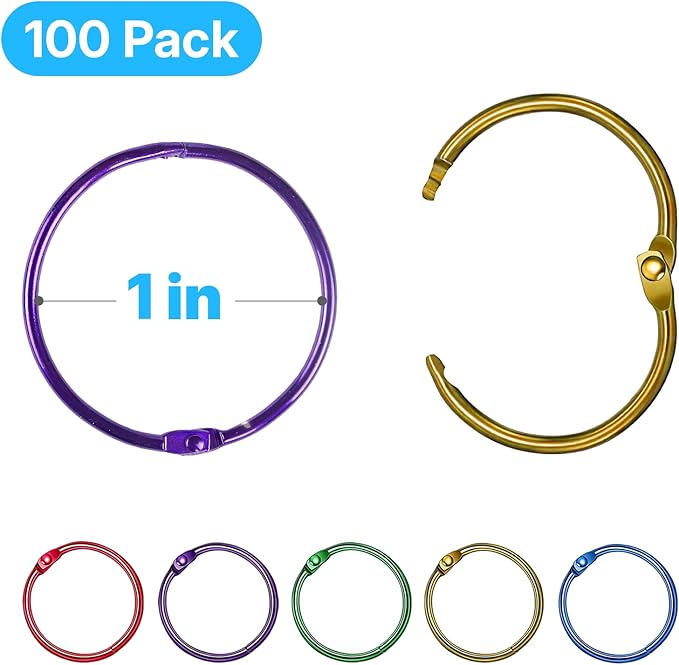 OWLKELA 100 Pcs Binder Rings 1 Inch, Office Book Rings, Loose Leaf Rings, Metallic Assorted Colors