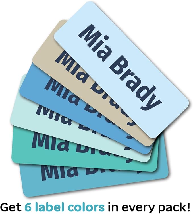 Kids Personalized Name Labels for School, Camp, Daycare (128 Labels) Custom Peel and Stick Waterproof Name Tags Stickers for Water Bottles, Lunch Boxes, Clothing, School Supplies (Raindrop Colors)