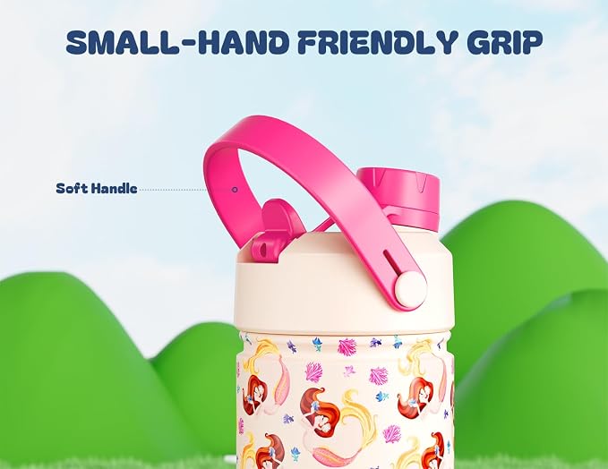 12 oz Kids Insulated Mermaid Water Bottle for School: 2-in-1 Straw Spout Lid, Leakproof, BPA-Free, Keep Cold 24H, Reusable Stainless Steel Cup, Birthday Gift for Girls Daughters (Coral Princess)