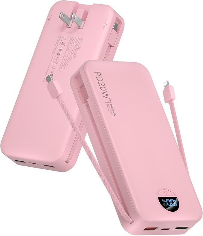 citicr Portable Charger, 20000mAh PD20W Fast Charging Power Bank with Built-in Cables & Wall Plug, External Battery with LED Display, Travel Battery Bank for iPhone, iPad, Samsung Fairy Pink