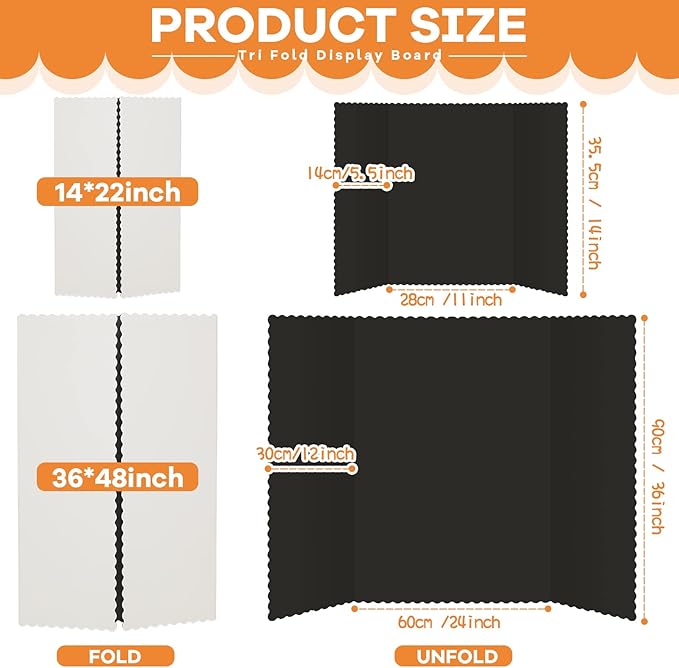 Henoyso 12 Pcs 14 x 22 Inch Black Trifold Poster Board Tri Fold Presentation White Display Board Foldable Paperboard for Science Fair School Business Project Exhibition