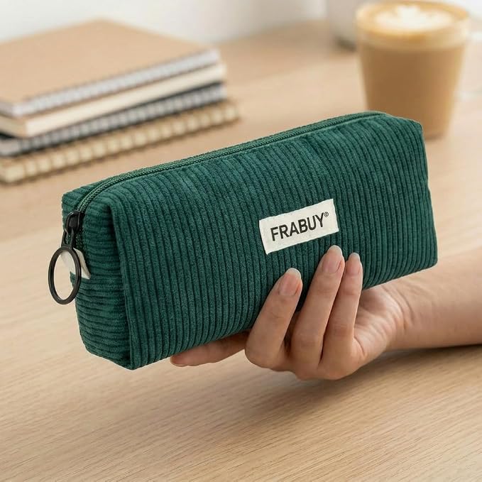 Soft Corduroy Pencil Case Pen Pouch Organizer, Small Stationery Bag | Cute dark green pencil pouch, smooth zipper, daily cosmetics holder, compact organizer for school teen girls, women
