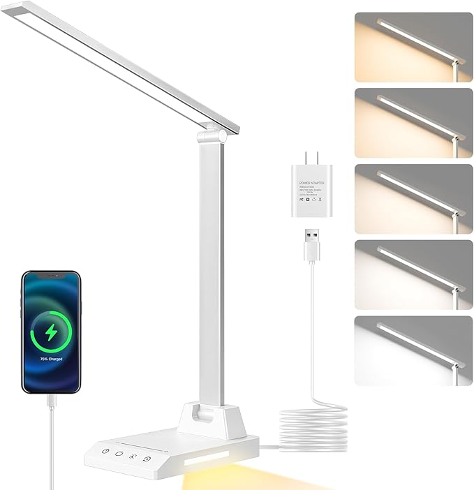 ShineTech LED Desk Lamp for Home Office, Dimmable Desk Light with 25 Lighting Combinations and USB Port, Memory and Timer Folding Reading Light for Study Nightstand, White