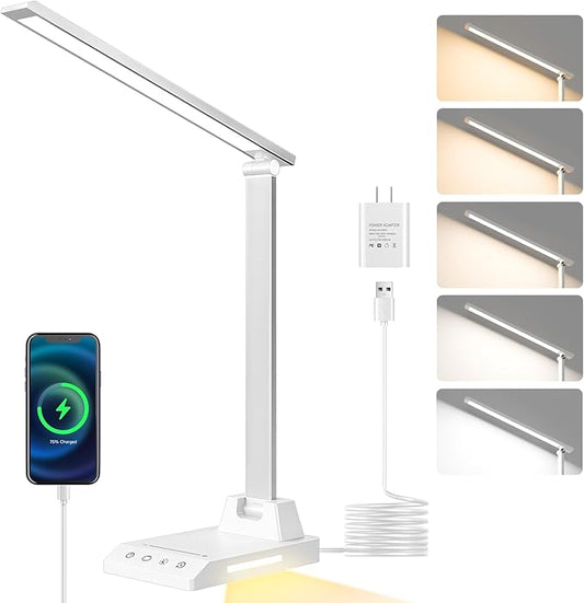 ShineTech LED Desk Lamp for Home Office, Dimmable Desk Light with 25 Lighting Combinations and USB Port, Memory and Timer Folding Reading Light for Study Nightstand, White